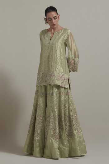 Buy Kavita Bhartia Green Tissue V-neck, Yes Embellished Kurta Skirt Set Online at Aza Fashions Buy_Kavita Bhartia_Green Tissue V-neck, Yes Embellished Kurta Skirt Set _Online_at_Aza_Fashions