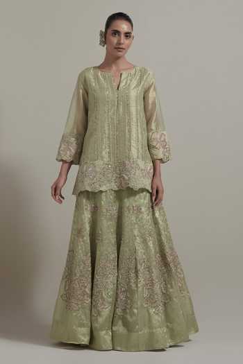 Shop Kavita Bhartia Green Tissue V-neck, Yes Embellished Kurta Skirt Set Online at Aza Fashions Shop_Kavita Bhartia_Green Tissue V-neck, Yes Embellished Kurta Skirt Set _Online_at_Aza_Fashions