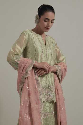 Kavita Bhartia Green Tissue V-neck, Yes Embellished Kurta Skirt Set at Aza Fashions Kavita Bhartia_Green Tissue V-neck, Yes Embellished Kurta Skirt Set _at_Aza_Fashions