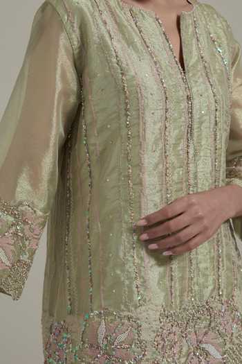 Shop Kavita Bhartia Green Tissue V-neck, Yes Embellished Kurta Skirt Set Shop_Kavita Bhartia_Green Tissue V-neck, Yes Embellished Kurta Skirt Set