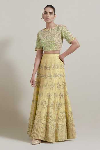 Kavita Bhartia Gold Cotton, Tissue, Lycra Round Neck Embellished Lehenga Set Online at Aza Fashions Kavita Bhartia_Gold Cotton, Tissue, Lycra Round Neck Embellished Lehenga Set _Online_at_Aza_Fashions