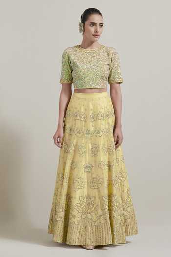 Buy Kavita Bhartia Gold Cotton, Tissue, Lycra Round Neck Embellished Lehenga Set Online at Aza Fashions Buy_Kavita Bhartia_Gold Cotton, Tissue, Lycra Round Neck Embellished Lehenga Set _Online_at_Aza_Fashions