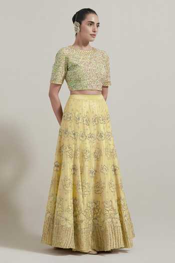 Shop Kavita Bhartia Gold Cotton, Tissue, Lycra Round Neck Embellished Lehenga Set Online at Aza Fashions Shop_Kavita Bhartia_Gold Cotton, Tissue, Lycra Round Neck Embellished Lehenga Set _Online_at_Aza_Fashions
