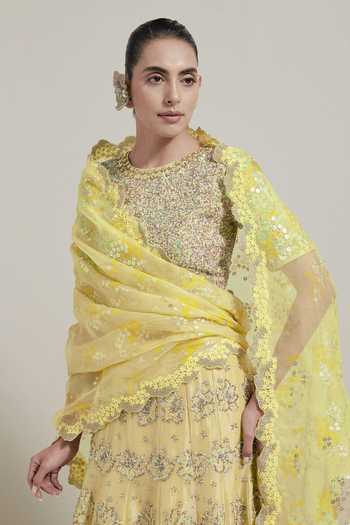 Kavita Bhartia Gold Cotton, Tissue, Lycra Round Neck Embellished Lehenga Set at Aza Fashions Kavita Bhartia_Gold Cotton, Tissue, Lycra Round Neck Embellished Lehenga Set _at_Aza_Fashions