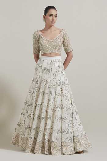 Kavita Bhartia Ivory Silk, Organza, Chanderi Silk, Shantoon Scoop Neck Embellished Lehenga Set at Aza Fashions Kavita Bhartia_Ivory Silk, Organza, Chanderi Silk, Shantoon Scoop Neck Embellished Lehenga Set _at_Aza_Fashions