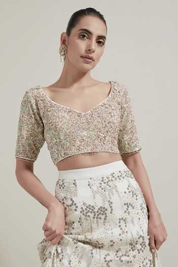 Shop Kavita Bhartia Ivory Silk, Organza, Chanderi Silk, Shantoon Scoop Neck Embellished Lehenga Set Shop_Kavita Bhartia_Ivory Silk, Organza, Chanderi Silk, Shantoon Scoop Neck Embellished Lehenga Set