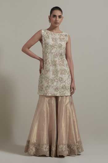 Buy Kavita Bhartia Ivory Organza, Tissue Round Neck Hand Embellished Kurta Sharara Set Online at Aza Fashions Buy_Kavita Bhartia_Ivory Organza, Tissue Round Neck Hand Embellished Kurta Sharara Set _Online_at_Aza_Fashions