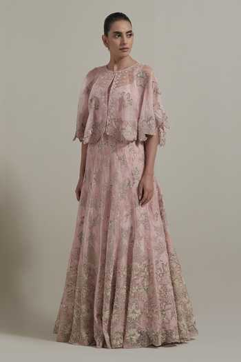 Kavita Bhartia Pink Organza Sweetheart Neck Hand Embellished Cape Skirt Set Online at Aza Fashions Kavita Bhartia_Pink Organza Sweetheart Neck Hand Embellished Cape Skirt Set _Online_at_Aza_Fashions
