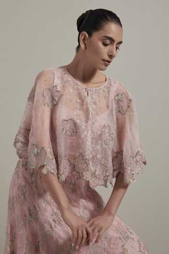 Shop Kavita Bhartia Pink Organza Sweetheart Neck Hand Embellished Cape Skirt Set Online at Aza Fashions Shop_Kavita Bhartia_Pink Organza Sweetheart Neck Hand Embellished Cape Skirt Set _Online_at_Aza_Fashions