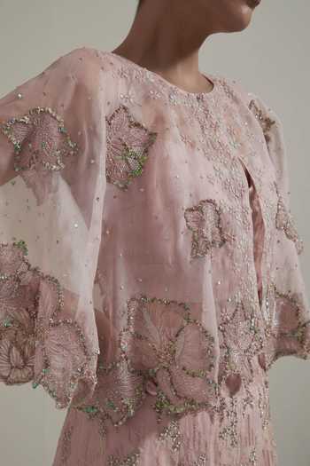 Buy Kavita Bhartia Pink Organza Sweetheart Neck Hand Embellished Cape Skirt Set Buy_Kavita Bhartia_Pink Organza Sweetheart Neck Hand Embellished Cape Skirt Set