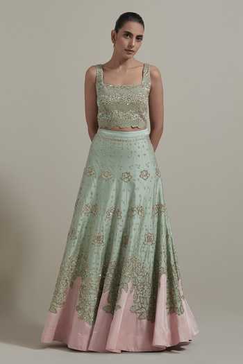 Kavita Bhartia Green Organza, Satin, Shantoon Square Neck Colorblock Embroidered Lehenga Set Online at Aza Fashions Kavita Bhartia_Green Organza, Satin, Shantoon Square Neck Colorblock Embroidered Lehenga Set _Online_at_Aza_Fashions