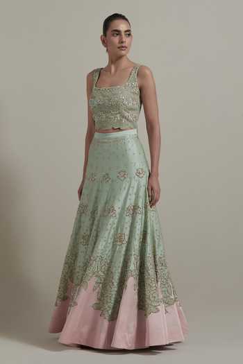 Buy Kavita Bhartia Green Organza, Satin, Shantoon Square Neck Colorblock Embroidered Lehenga Set Online at Aza Fashions Buy_Kavita Bhartia_Green Organza, Satin, Shantoon Square Neck Colorblock Embroidered Lehenga Set _Online_at_Aza_Fashions