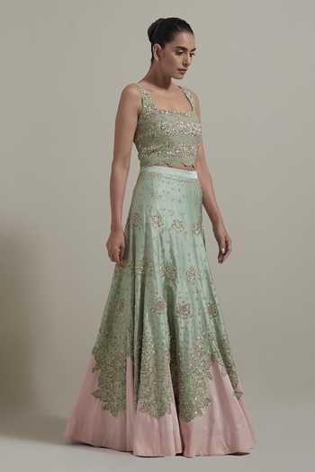 Shop Kavita Bhartia Green Organza, Satin, Shantoon Square Neck Colorblock Embroidered Lehenga Set Online at Aza Fashions Shop_Kavita Bhartia_Green Organza, Satin, Shantoon Square Neck Colorblock Embroidered Lehenga Set _Online_at_Aza_Fashions