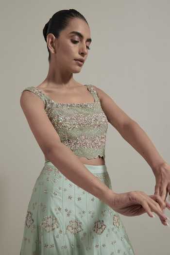 Kavita Bhartia Green Organza, Satin, Shantoon Square Neck Colorblock Embroidered Lehenga Set at Aza Fashions Kavita Bhartia_Green Organza, Satin, Shantoon Square Neck Colorblock Embroidered Lehenga Set _at_Aza_Fashions