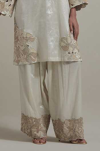 Shop Kavita Bhartia Ivory Tissue Split V-neck Embroidered Kurta And Salwar Set Online at Aza Fashions Shop_Kavita Bhartia_Ivory Tissue Split V-neck Embroidered Kurta And Salwar Set _Online_at_Aza_Fashions