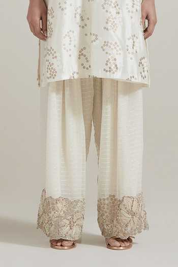 Kavita Bhartia_Ivory Silk, Georgette, Lurex Split V-neck Cutwork Embellished Kurta And Salwar Set _Online_at_Aza_Fashions