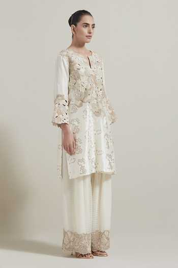 Buy_Kavita Bhartia_Ivory Silk, Georgette, Lurex Split V-neck Cutwork Embellished Kurta And Salwar Set _Online_at_Aza_Fashions