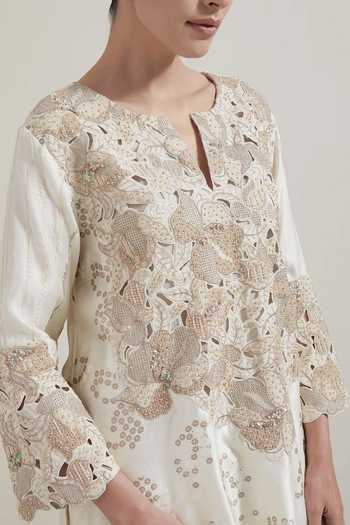Shop_Kavita Bhartia_Ivory Silk, Georgette, Lurex Split V-neck Cutwork Embellished Kurta And Salwar Set _Online_at_Aza_Fashions