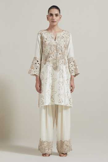 Kavita Bhartia_Ivory Silk, Georgette, Lurex Split V-neck Cutwork Embellished Kurta And Salwar Set _at_Aza_Fashions