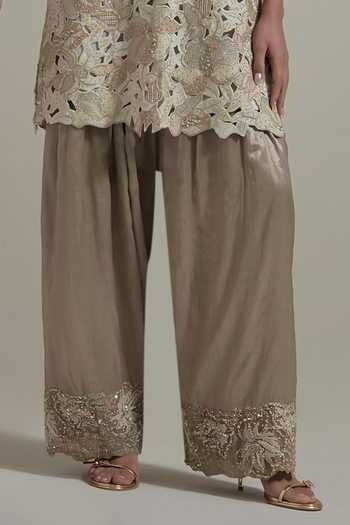 Kavita Bhartia_Ivory Tissue, Dupion, Silk V-neck Cutwork Embellished Kurta And Salwar Set _Online_at_Aza_Fashions