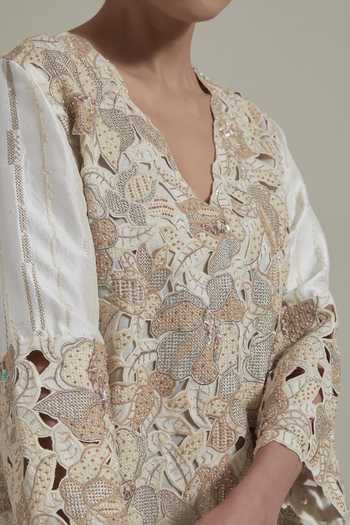 Buy_Kavita Bhartia_Ivory Tissue, Dupion, Silk V-neck Cutwork Embellished Kurta And Salwar Set _Online_at_Aza_Fashions
