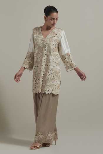 Shop_Kavita Bhartia_Ivory Tissue, Dupion, Silk V-neck Cutwork Embellished Kurta And Salwar Set _Online_at_Aza_Fashions