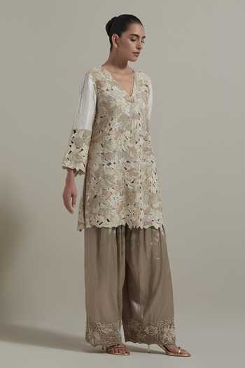 Kavita Bhartia_Ivory Tissue, Dupion, Silk V-neck Cutwork Embellished Kurta And Salwar Set _at_Aza_Fashions