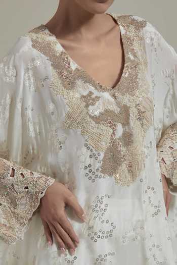 Buy_Kavita Bhartia_Ivory Silk, Satin V-neck, Yes Embroidered Kurta And Pant Set _Online_at_Aza_Fashions