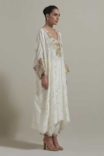 Kavita Bhartia_Ivory Silk, Satin V-neck, Yes Embroidered Kurta And Pant Set _at_Aza_Fashions