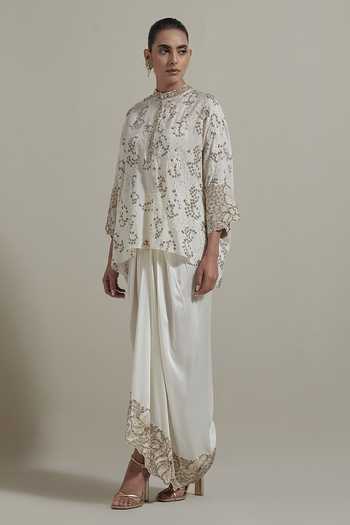 Kavita Bhartia_Ivory Silk, Satin Mandarin Collar Embellished Kaftan And Skirt Set _Online_at_Aza_Fashions