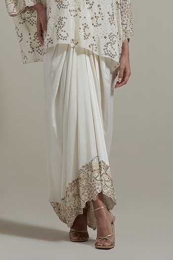 Buy_Kavita Bhartia_Ivory Silk, Satin Mandarin Collar Embellished Kaftan And Skirt Set _Online_at_Aza_Fashions