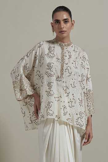 Shop_Kavita Bhartia_Ivory Silk, Satin Mandarin Collar Embellished Kaftan And Skirt Set _Online_at_Aza_Fashions