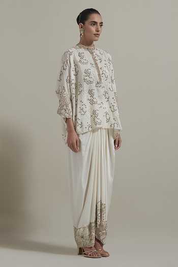 Kavita Bhartia_Ivory Silk, Satin Mandarin Collar Embellished Kaftan And Skirt Set _at_Aza_Fashions