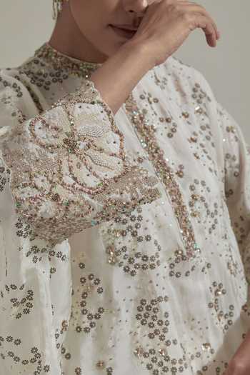 Buy_Kavita Bhartia_Ivory Silk, Satin Mandarin Collar Embellished Kaftan And Skirt Set 