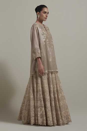 Kavita Bhartia Beige Organza, Tissue Split V-neck, Yes Yoke Embroidered Kurta And Skirt Set Online at Aza Fashions Kavita Bhartia_Beige Organza, Tissue Split V-neck, Yes Yoke Embroidered Kurta And Skirt Set _Online_at_Aza_Fashions
