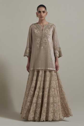 Buy Kavita Bhartia Beige Organza, Tissue Split V-neck, Yes Yoke Embroidered Kurta And Skirt Set Online at Aza Fashions Buy_Kavita Bhartia_Beige Organza, Tissue Split V-neck, Yes Yoke Embroidered Kurta And Skirt Set _Online_at_Aza_Fashions