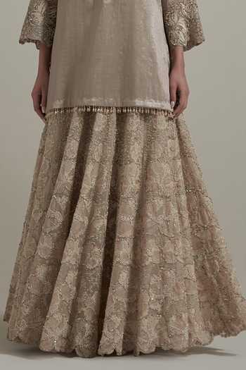 Shop Kavita Bhartia Beige Organza, Tissue Split V-neck, Yes Yoke Embroidered Kurta And Skirt Set Online at Aza Fashions Shop_Kavita Bhartia_Beige Organza, Tissue Split V-neck, Yes Yoke Embroidered Kurta And Skirt Set _Online_at_Aza_Fashions