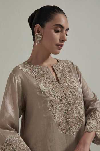 Kavita Bhartia Beige Organza, Tissue Split V-neck, Yes Yoke Embroidered Kurta And Skirt Set at Aza Fashions Kavita Bhartia_Beige Organza, Tissue Split V-neck, Yes Yoke Embroidered Kurta And Skirt Set _at_Aza_Fashions
