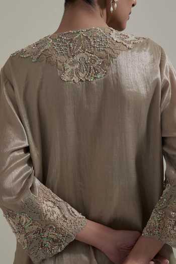 Buy Kavita Bhartia Beige Organza, Tissue Split V-neck, Yes Yoke Embroidered Kurta And Skirt Set Buy_Kavita Bhartia_Beige Organza, Tissue Split V-neck, Yes Yoke Embroidered Kurta And Skirt Set