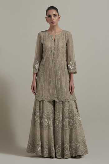 Kavita Bhartia Beige Organza, Net Round Neck, Yes Textured Pattern Kurta And Sharara Set Online at Aza Fashions Kavita Bhartia_Beige Organza, Net Round Neck, Yes Textured Pattern Kurta And Sharara Set _Online_at_Aza_Fashions