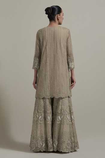 Shop Kavita Bhartia Beige Organza, Net Round Neck, Yes Textured Pattern Kurta And Sharara Set at Aza Fashions Shop_Kavita Bhartia_Beige Organza, Net Round Neck, Yes Textured Pattern Kurta And Sharara Set _at_Aza_Fashions
