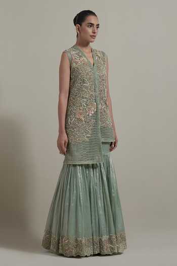 Kavita Bhartia_Green Net, Tissue Embellished Cape And Sharara Set _Online_at_Aza_Fashions