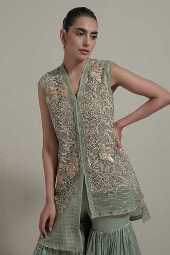 Shop_Kavita Bhartia_Green Net, Tissue Embellished Cape And Sharara Set _Online_at_Aza_Fashions