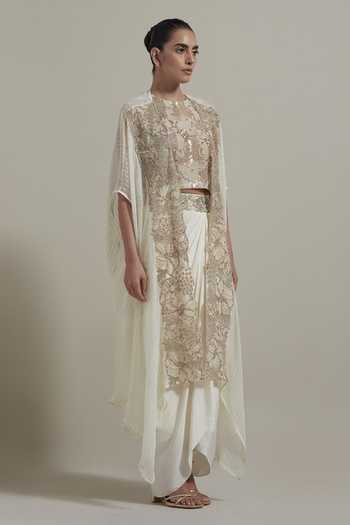 Buy_Kavita Bhartia_Ivory Georgette, Crepe, Net, Lurex Round Neck Hand Embellished Cape Skirt Set _Online_at_Aza_Fashions