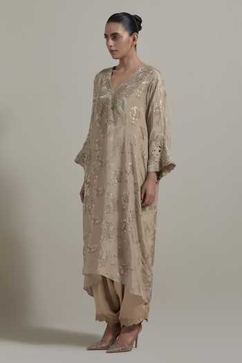 Kavita Bhartia Beige Silk, Satin V-neck, Yes Embroidered Kurta And Pant Set Online at Aza Fashions Kavita Bhartia_Beige Silk, Satin V-neck, Yes Embroidered Kurta And Pant Set _Online_at_Aza_Fashions