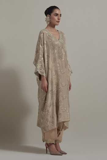 Buy Kavita Bhartia Beige Silk, Satin V-neck, Yes Embroidered Kurta And Pant Set Online at Aza Fashions Buy_Kavita Bhartia_Beige Silk, Satin V-neck, Yes Embroidered Kurta And Pant Set _Online_at_Aza_Fashions