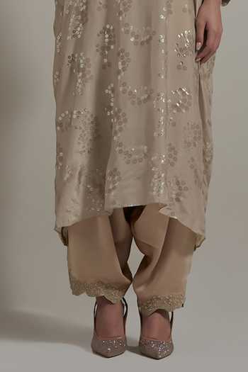 Shop Kavita Bhartia Beige Silk, Satin V-neck, Yes Embroidered Kurta And Pant Set Online at Aza Fashions Shop_Kavita Bhartia_Beige Silk, Satin V-neck, Yes Embroidered Kurta And Pant Set _Online_at_Aza_Fashions