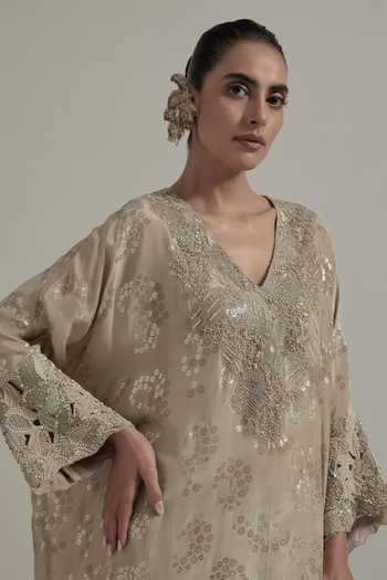 Kavita Bhartia Beige Silk, Satin V-neck, Yes Embroidered Kurta And Pant Set at Aza Fashions Kavita Bhartia_Beige Silk, Satin V-neck, Yes Embroidered Kurta And Pant Set _at_Aza_Fashions