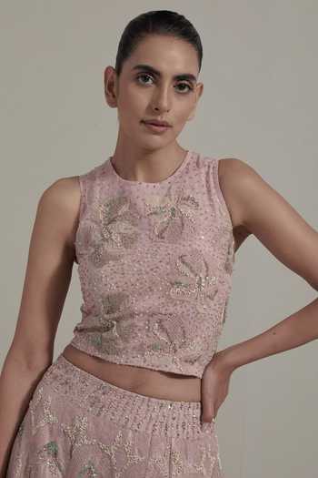 Kavita Bhartia Pink Organza, Net, Tissue Round Neck Embellished Lehenga Blouse Set Online at Aza Fashions Kavita Bhartia_Pink Organza, Net, Tissue Round Neck Embellished Lehenga Blouse Set _Online_at_Aza_Fashions