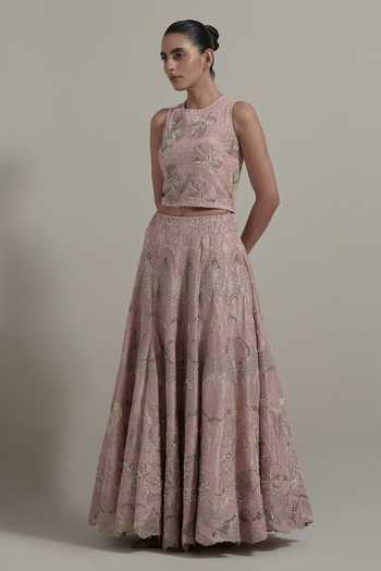 Shop Kavita Bhartia Pink Organza, Net, Tissue Round Neck Embellished Lehenga Blouse Set Online at Aza Fashions Shop_Kavita Bhartia_Pink Organza, Net, Tissue Round Neck Embellished Lehenga Blouse Set _Online_at_Aza_Fashions